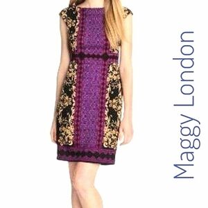 Maggy London Black Purple Gold Tapestry Print Dress